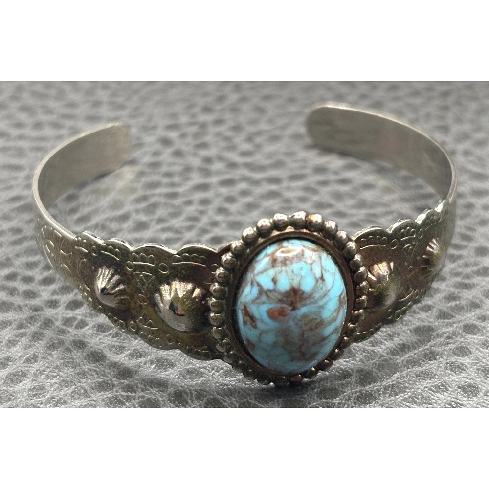 Vintage Southwest Style Faux Turquoise Glass Cabochon Cuff Bracelet Silver Tone